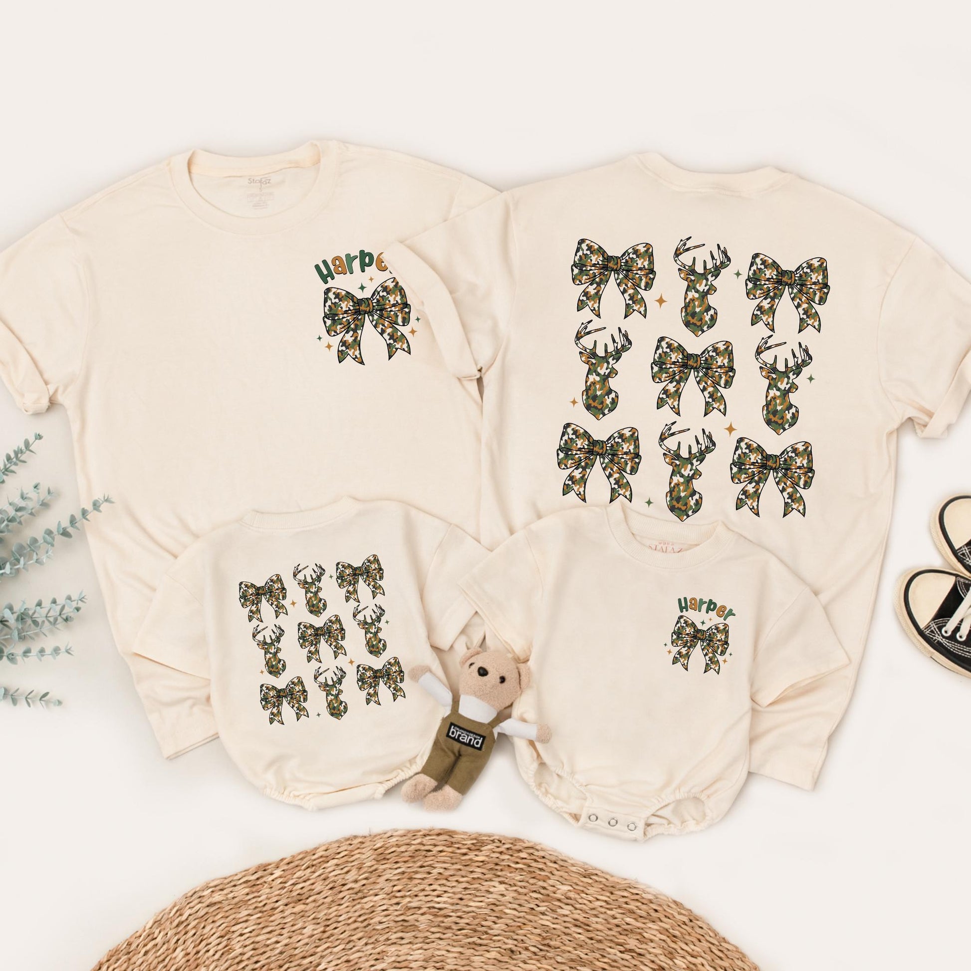 The Big One First Birthday Hunting Family Matching Camo Shirts for Mom Dad Baby Playful Deer Bow Silhouette Harper Design Rustic Celebration