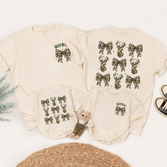 The Big One First Birthday Hunting Family Matching Camo Shirts for Mom Dad Baby Playful Deer Bow Silhouette Harper Design Rustic Celebration