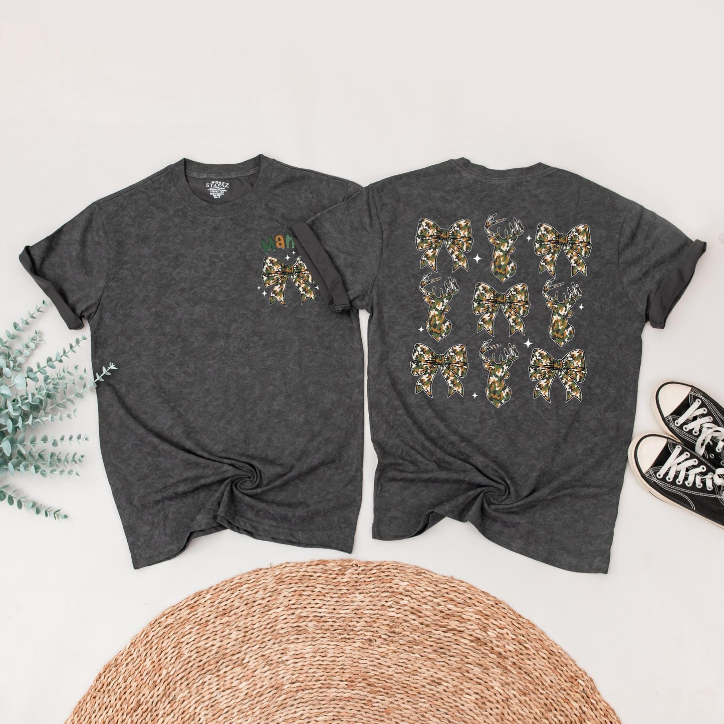 The Big One First Birthday Hunting Family Matching Camo Shirts for Mom Dad Baby Playful Deer Bow Silhouette Harper Design Rustic Celebration