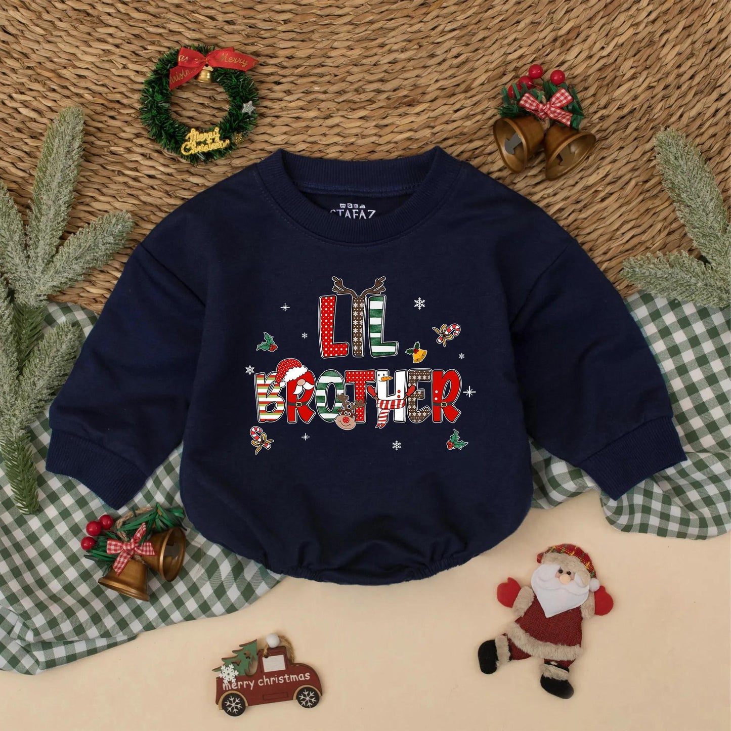 Big Brother Lil Sister Christmas Matching Outfit, Holiday Sibling Sweatshirt Romper Set for Baby Toddler, Festive Reindeer Snowflakes Clothes Gift (138 chars)