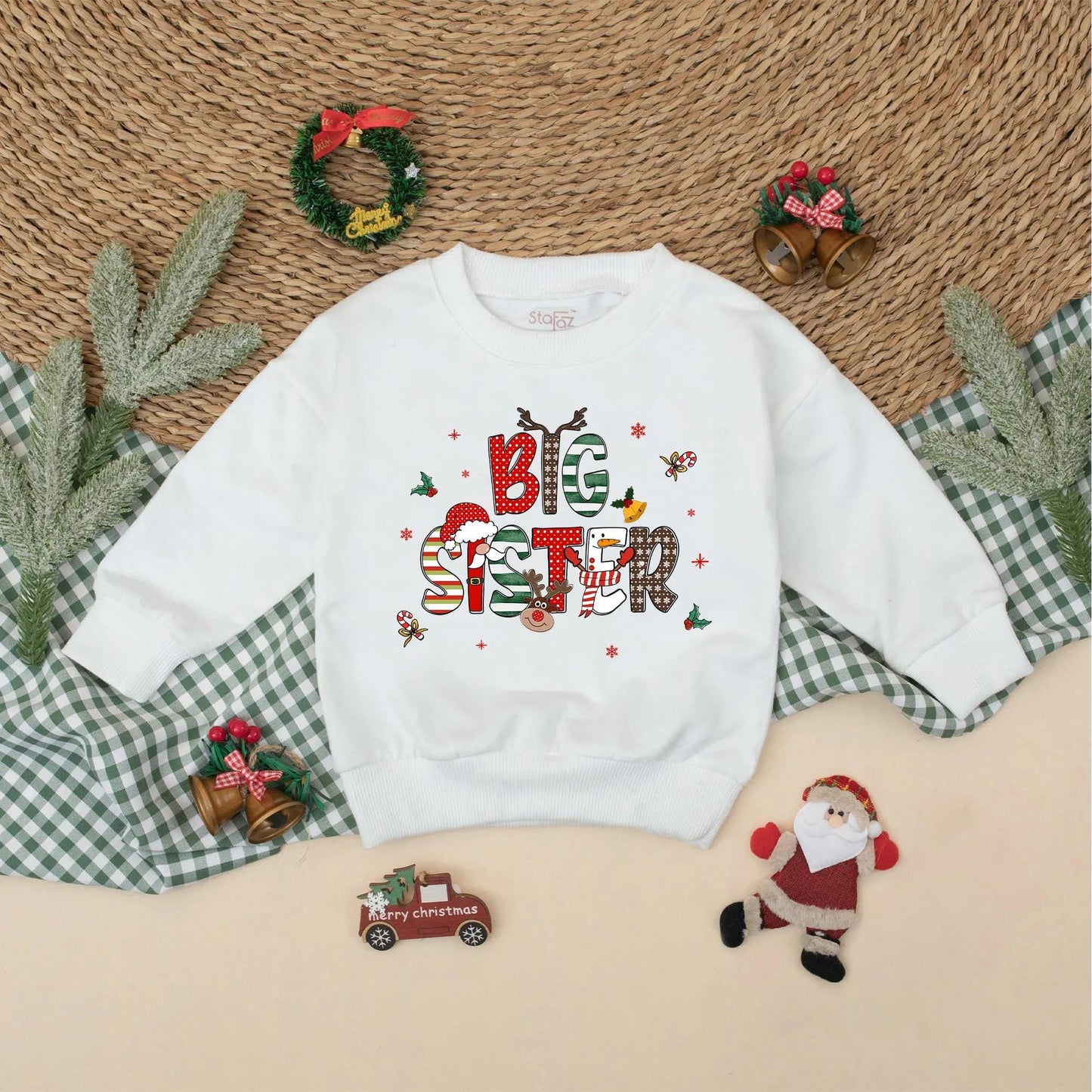 Big Brother Lil Sister Christmas Matching Outfit, Holiday Sibling Sweatshirt Romper Set for Baby Toddler, Festive Reindeer Snowflakes Clothes Gift (138 chars)
