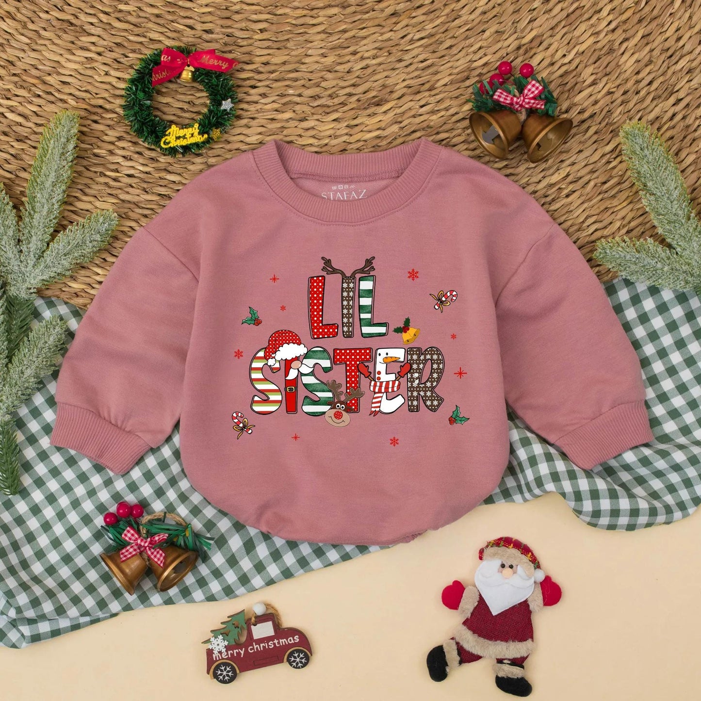 Big Brother Lil Sister Christmas Matching Outfit, Holiday Sibling Sweatshirt Romper Set for Baby Toddler, Festive Reindeer Snowflakes Clothes Gift (138 chars)