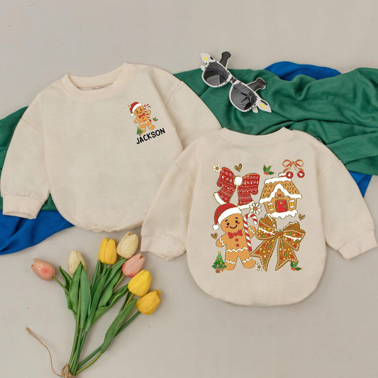 Personalized Jackson Gingerbread Christmas Romper Baby Girl Outfit Custom Name First Xmas Bodysuit Holiday Gift