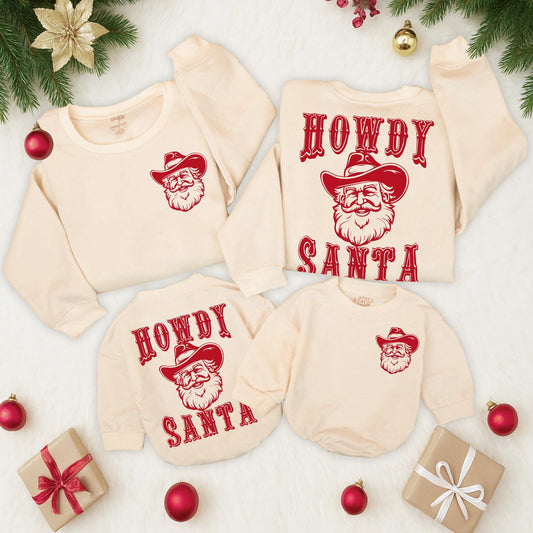 Howdy Santa Retro Christmas Sweatshirt Toddler Outfit Cute Cowboy Santa Graphic Vintage Red Line Art Western Holiday Baby Gift 130 Characters
