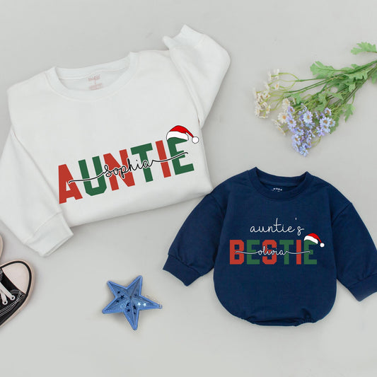 Personalized Auntie & Auntie's Bestie Sweatshirts with Santa Hat Red Green Christmas Design for Niece and Aunt Matching Family Holiday Gifts