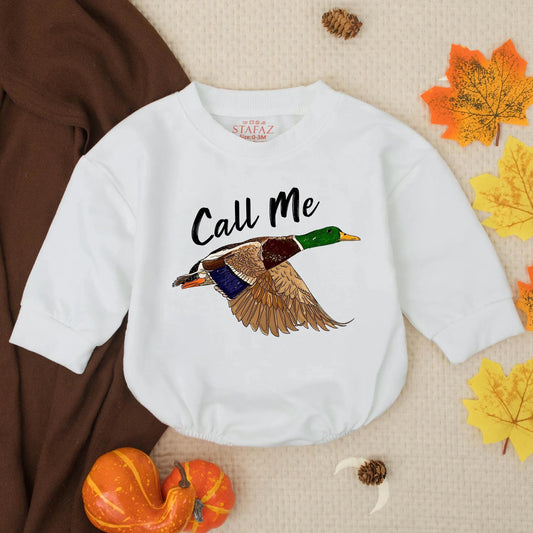 Baby Boy Duck Hunting Bubble Romper, Southern Mallard Duck in Flight Bodysuit, 'Call Me' Text, Casual Outdoor Outfit, Baby Shower Gift