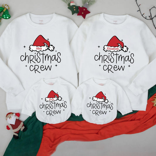 Matching Christmas Crew Family Sweatshirts with Santa Hat Design Custom Names Holiday Outfits