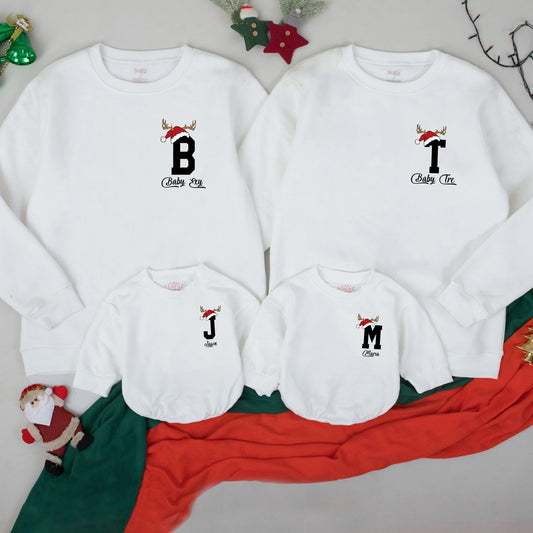 Personalized Christmas Family Sweatshirt 2025, Santa Hat Initial & Name Matching Outfits, Custom Baby Romper Holiday Gift, Festive Monogrammed Tee 2025