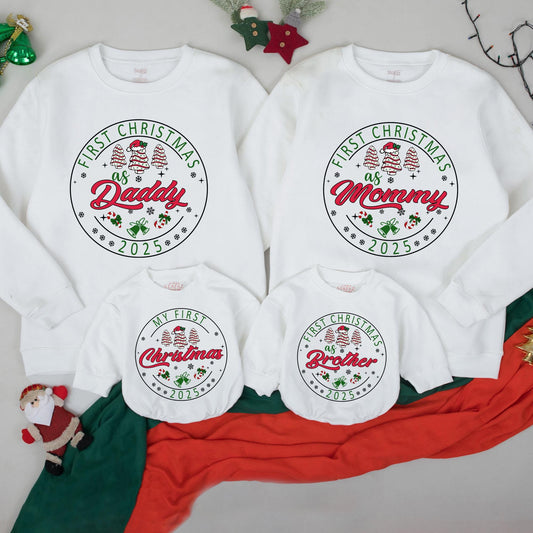 Personalized First Christmas 2025 Baby Sweatshirt for Kids & Mommy Festive Green Red Tree Snowflakes Candy Cane Bells Soft Cotton Design