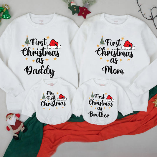 First Christmas Family Sweatshirt Matching Mommy Daddy Brother First Xmas Baby Toddler Holiday Outfit Gold Stars Santa Hat Green Tree