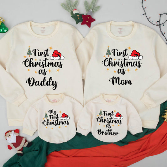 First Christmas Family Sweatshirt Matching Mommy Daddy Brother First Xmas Baby Toddler Holiday Outfit Gold Stars Santa Hat Green Tree