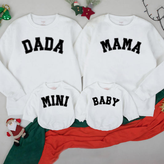 Matching Family Christmas Sweatshirts: Dada, Mama, Mini, Baby - Black Block Text Outfits for Holiday Pictures, Cotton, Comfortable