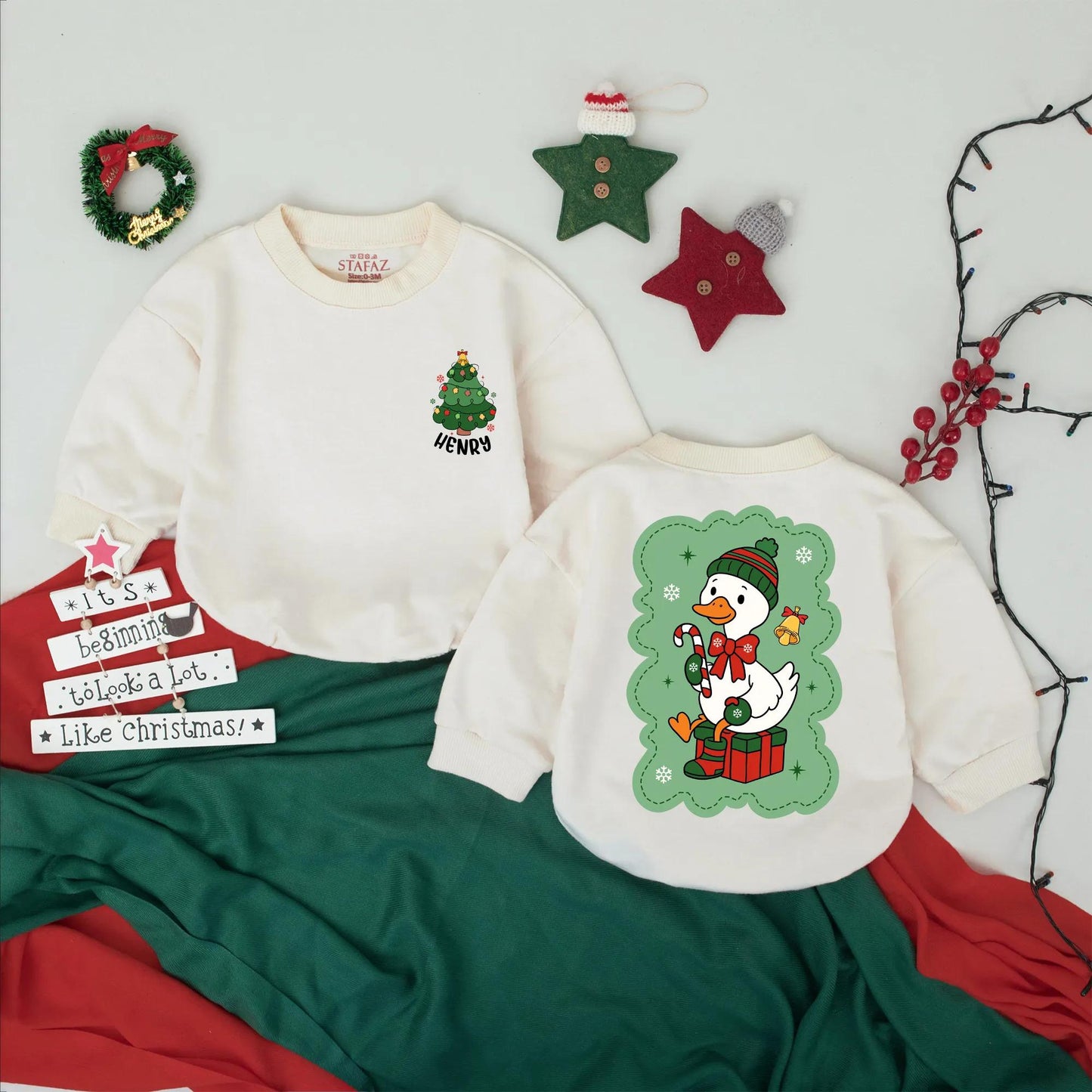 Personalized Evelyn Christmas Tree Romper Funny Goose Toddler Sweatshirt Baby Shower Gift Cute Cartoon Holiday Outfit Boy Girl Clothes