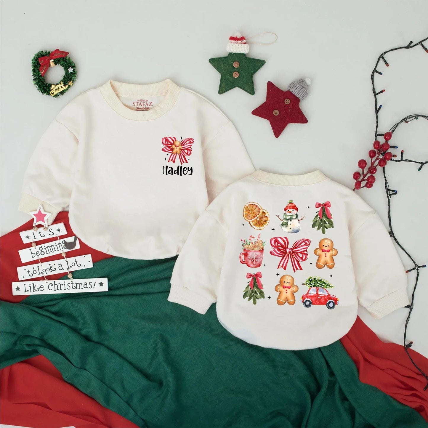 Personalized Gingerbread Bow Christmas Romper, Baby's First Christmas Sweatshirt, Retro Holiday Bodysuit, Christmas Car Coming Home Outfit (Hadley)