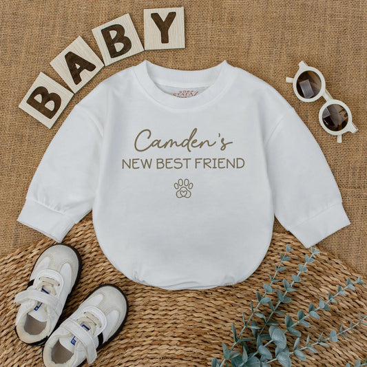 Camden's New Best Friend Baby Romper Cute Dog Lover Outfit Pregnancy Announcement Newborn Custom Pet Name Gift 136