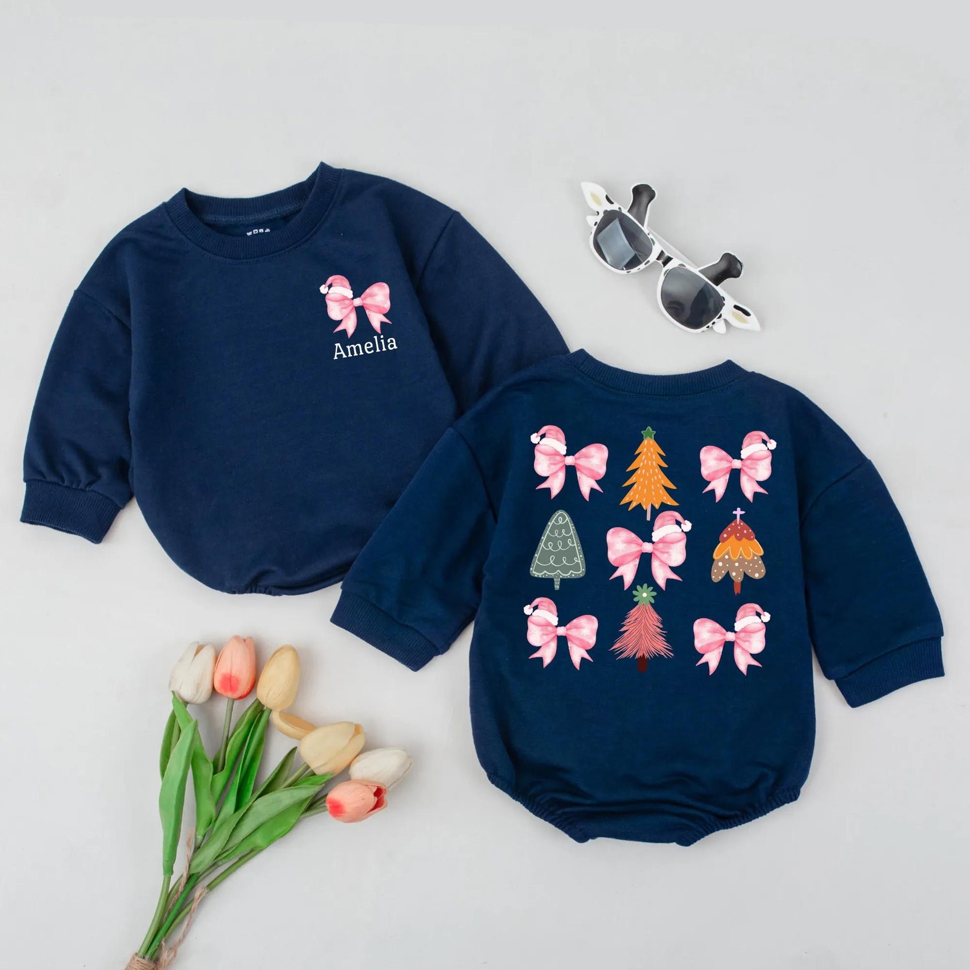 Cute Amelia Pink Bow Santa Hat Christmas Romper for Baby Girl First Holiday Outfit Toddler Custom Name Gift Fun Orange Green Trees