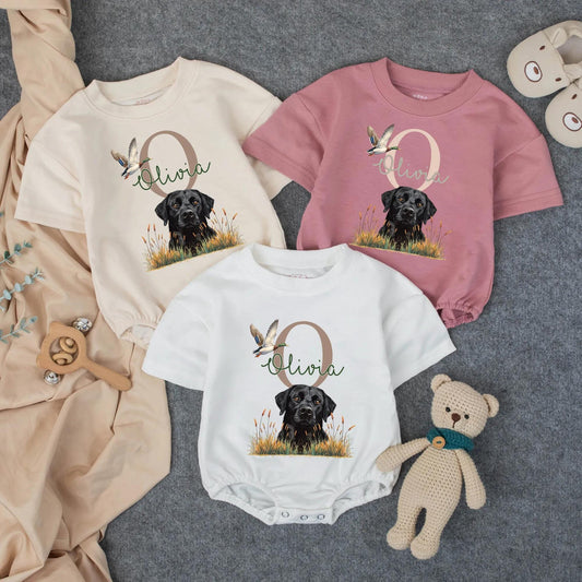 Rustic Black Lab Hunting Outfit Personalized Olivia Name Mallard Duck Baby Bubble Romper Southern Farm Gift