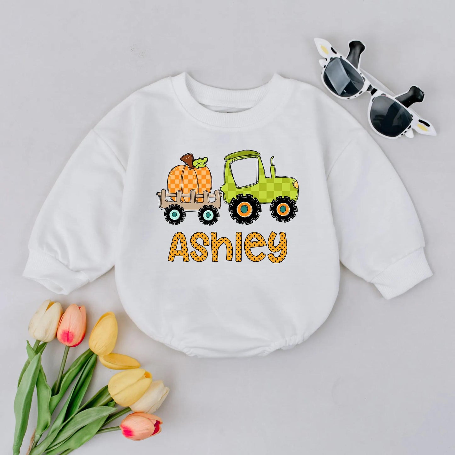 Ashley Pumpkin Tractor Bubble Romper Baby Girl Fall Outfit Personalized Thanksgiving Bodysuit Custom Name Autumn Newborn Gift