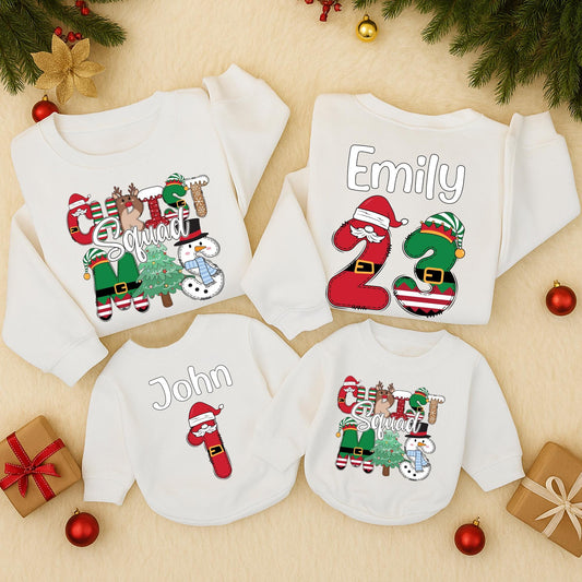Personalized Christmas Squad Sweatshirts: Custom Family Matching Sweaters, Fun Holiday Character Crewneck, Reindeer Elf Snowman, Cute Baby Romper (138 chars)