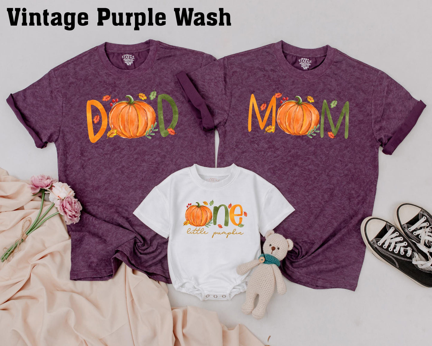 Personalized Little Pumpkin First Birthday Outfit Matching Family Fall Tees Whimsical Orange Pumpkins Green Lettering Autumn Leaves Berries