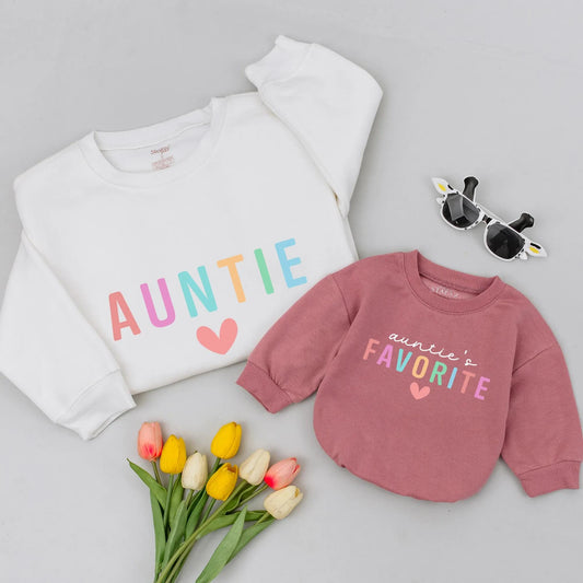 Personalized Auntie's Favorite Sweatshirt with Playful Pastel Letters and Heart, Gift for New Aunt, Auntie Me Matching Shirt, Soft Comfortable