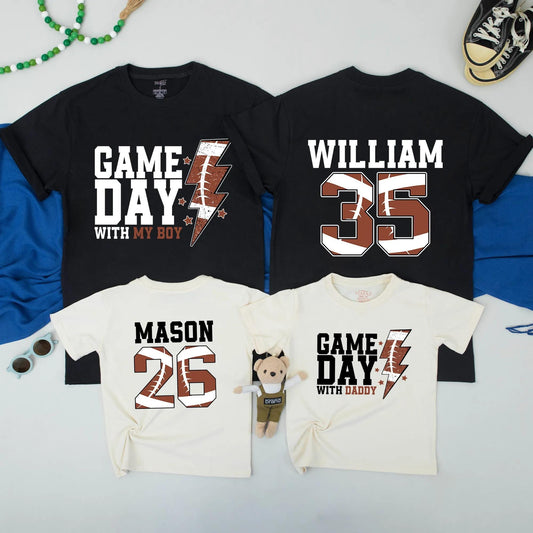 Gameday with Daddy & Boy Football Shirts: Matching Father Son Outfits for Football Season & Sundays, Lightning Bolt Design, Perfect Dad Gift! (138 chars)