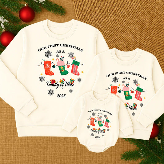 Our First Christmas Family of Three Matching Sweatshirt for Mommy Daughter Winter Holiday Cozy Family Gift