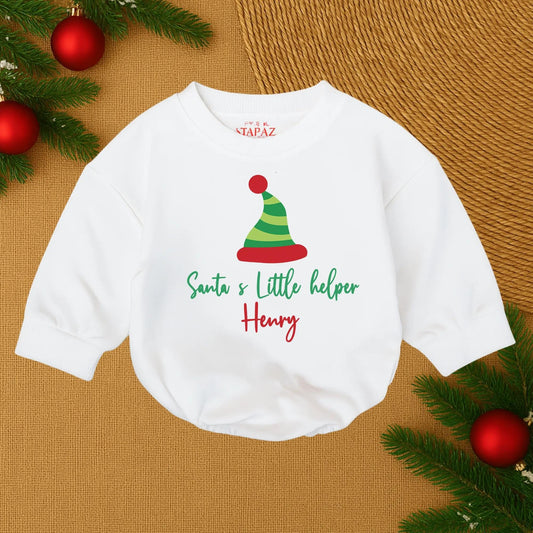 Personalized Santa's Little Helper Romper, Cute Christmas Baby Outfit, Funny Holiday Bodysuit, Green & Red Hat Design, Custom Name Infant Clothes (138 chars)