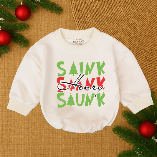 Henry's First Christmas Romper: Personalized Baby Boy Outfit with Playful Green & Red Lettering & Christmas Tree Details, Sweet Infant Holiday Gift (138 chars)