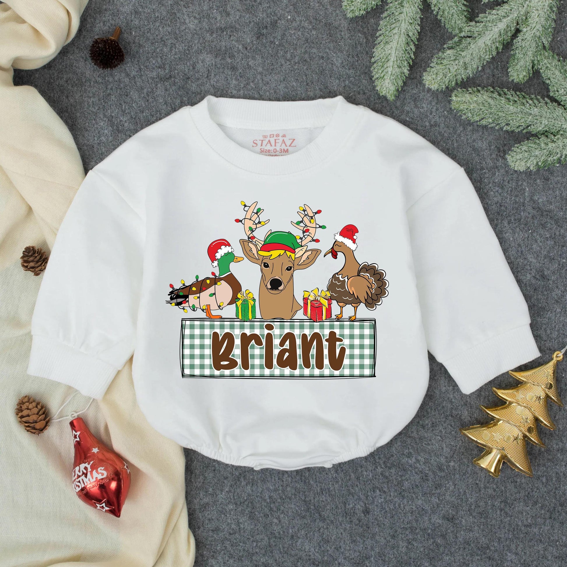 Custom Hunting Christmas Baby Romper, Personalized Deer & Duck Infant Outfit, First Christmas Gift for Baby Boy, Toddler Holiday Clothes