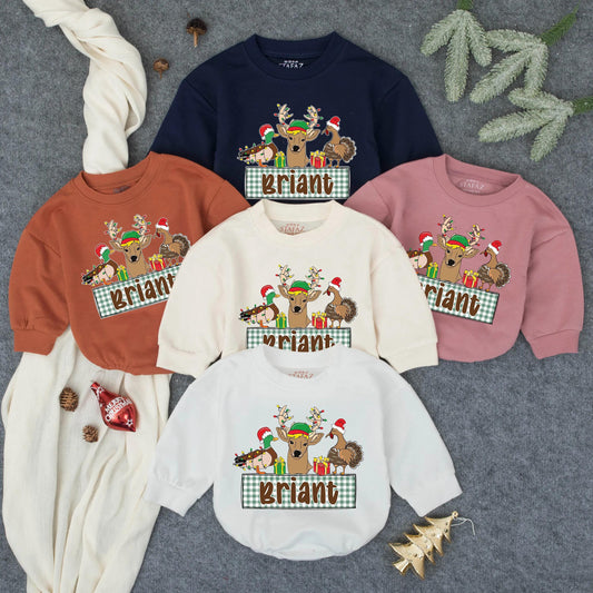Custom Hunting Christmas Baby Romper, Personalized Deer & Duck Infant Outfit, First Christmas Gift for Baby Boy, Toddler Holiday Clothes