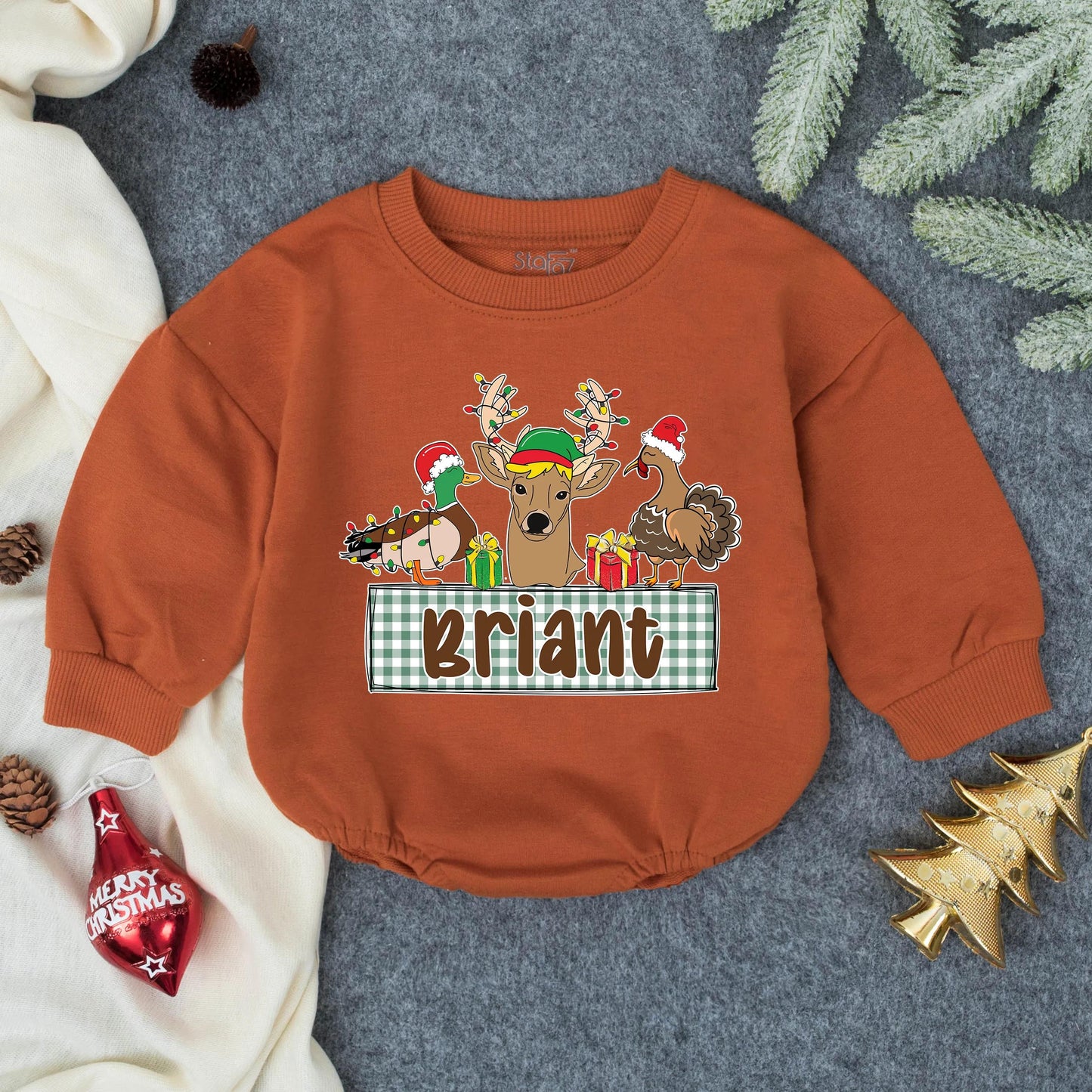 Custom Hunting Christmas Baby Romper, Personalized Deer & Duck Infant Outfit, First Christmas Gift for Baby Boy, Toddler Holiday Clothes