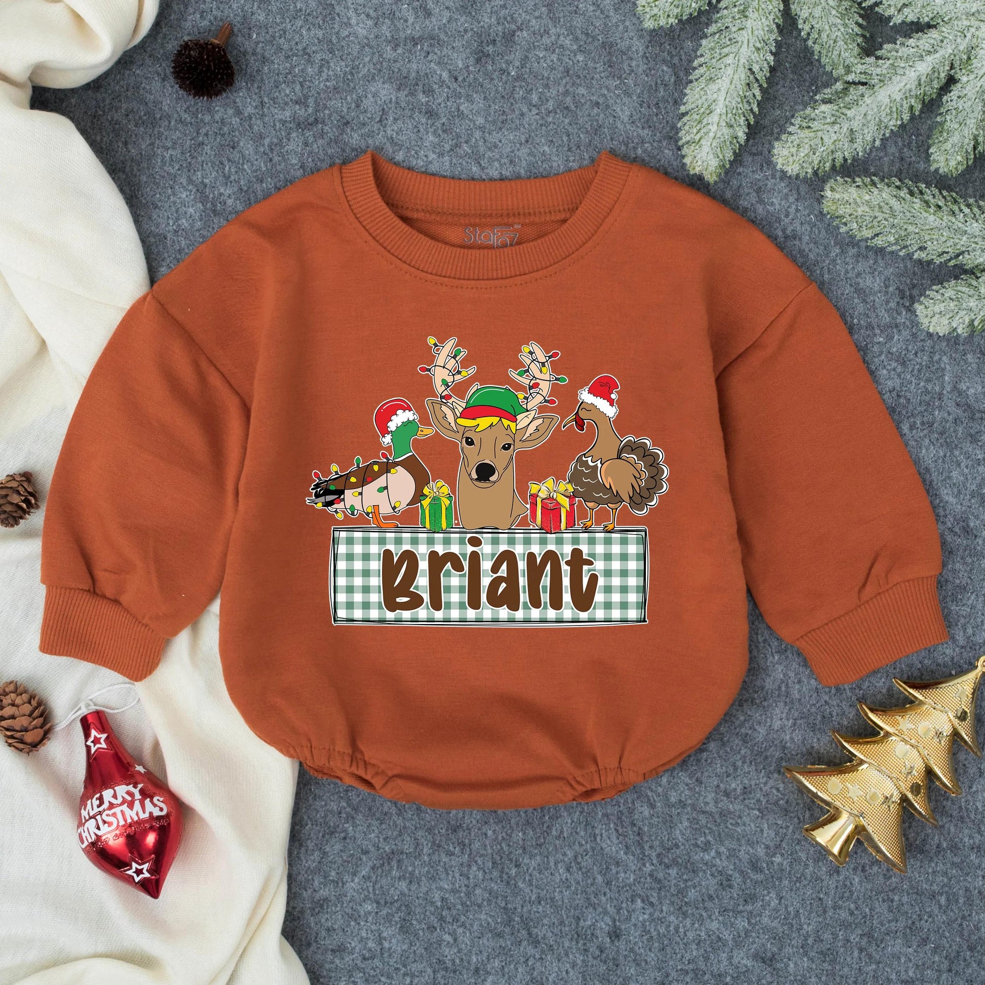Custom Hunting Christmas Baby Romper, Personalized Deer & Duck Infant Outfit, First Christmas Gift for Baby Boy, Toddler Holiday Clothes