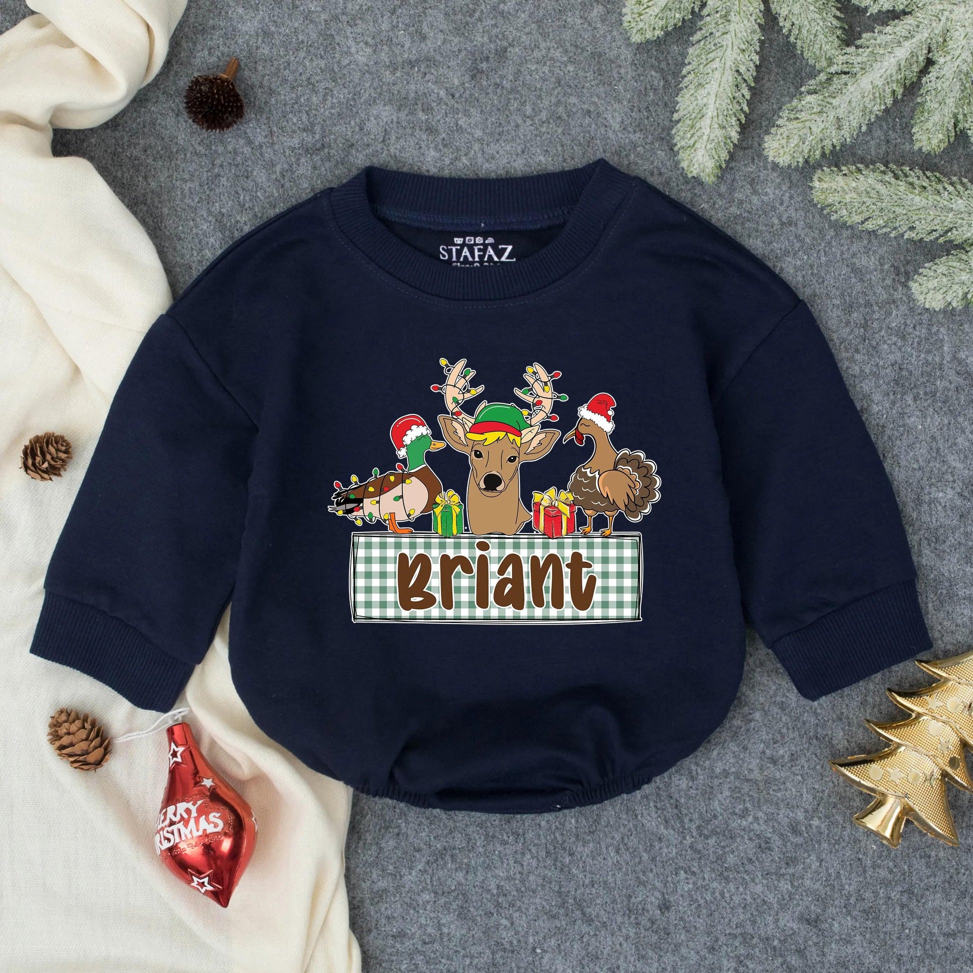 Custom Hunting Christmas Baby Romper, Personalized Deer & Duck Infant Outfit, First Christmas Gift for Baby Boy, Toddler Holiday Clothes