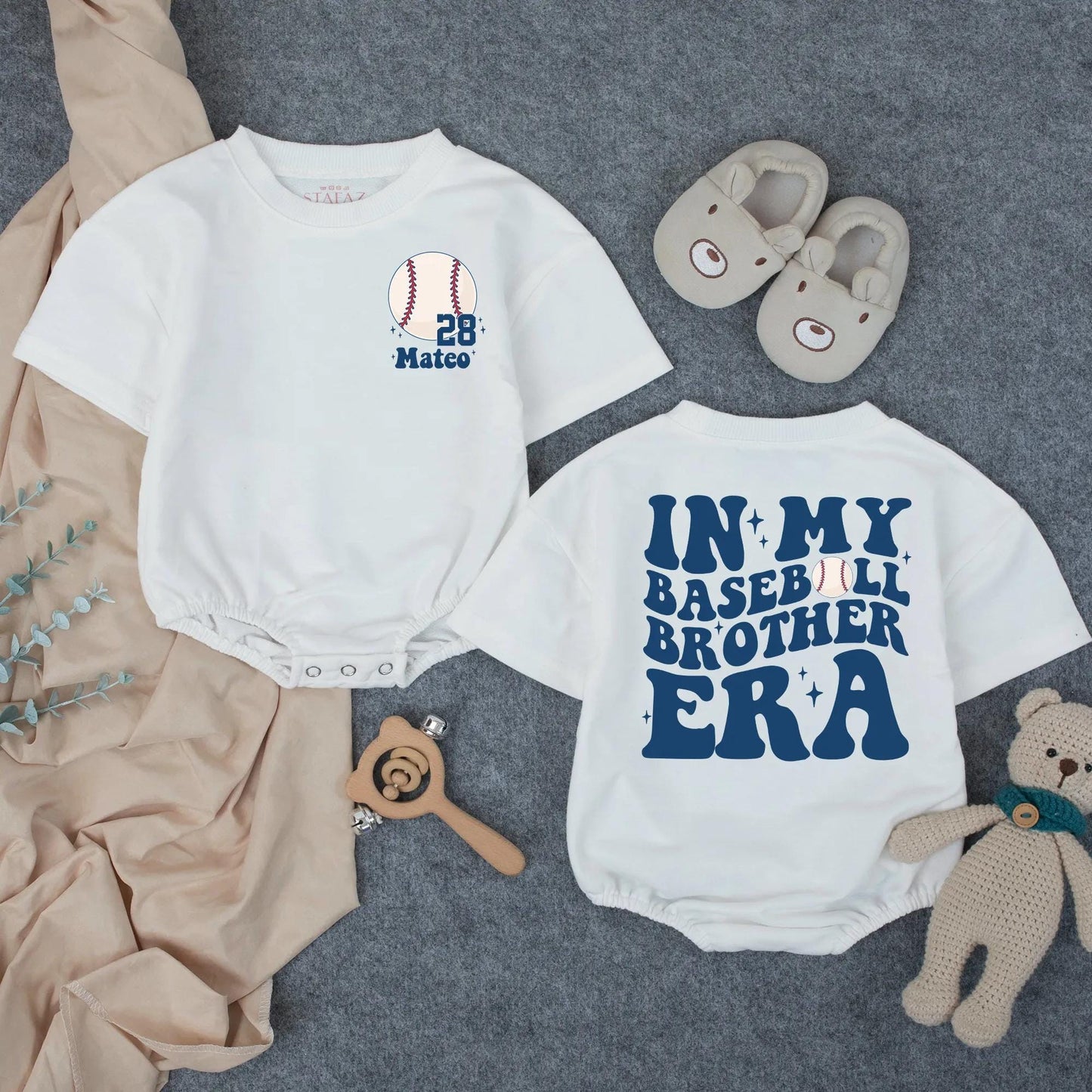 Baseball Brother Bubble Romper 28 Mateo Game Day Outfit, Custom Name Number Toddler Sporty Baby Clothes, Short Sleeve Baseball Fan Gift