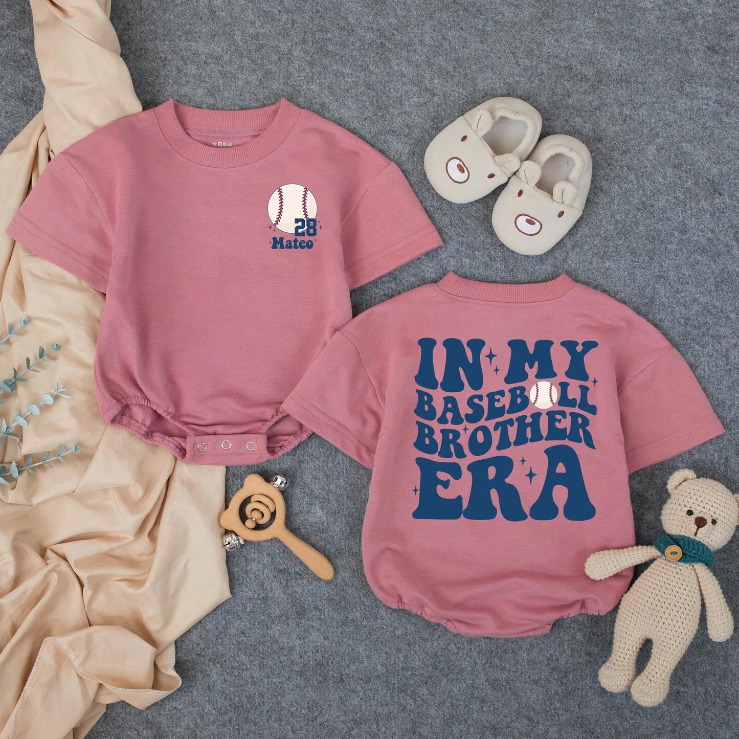 Baseball Brother Bubble Romper 28 Mateo Game Day Outfit, Custom Name Number Toddler Sporty Baby Clothes, Short Sleeve Baseball Fan Gift