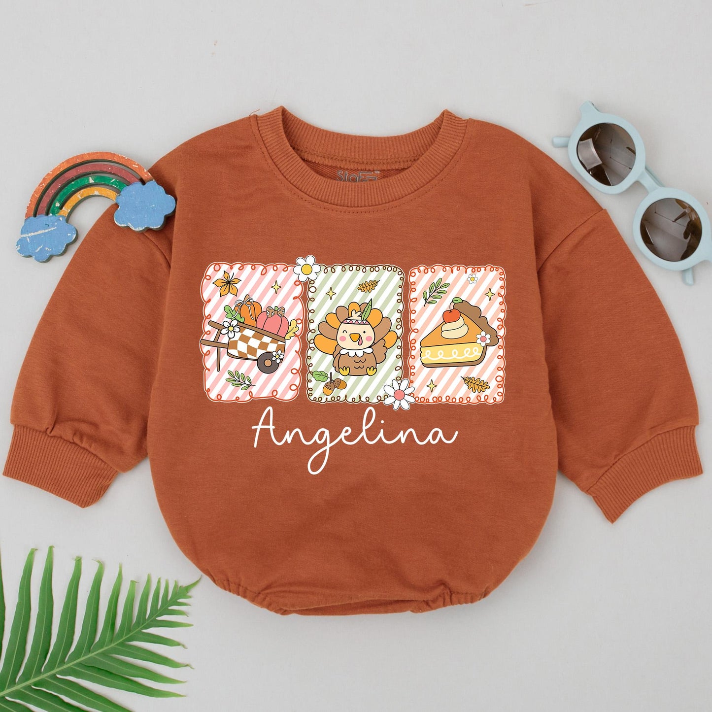 Angelina Personalized Retro Romper Warm Autumnal Graphics Baby Bodysuit First Thanksgiving Outfit Fall Baby Gift