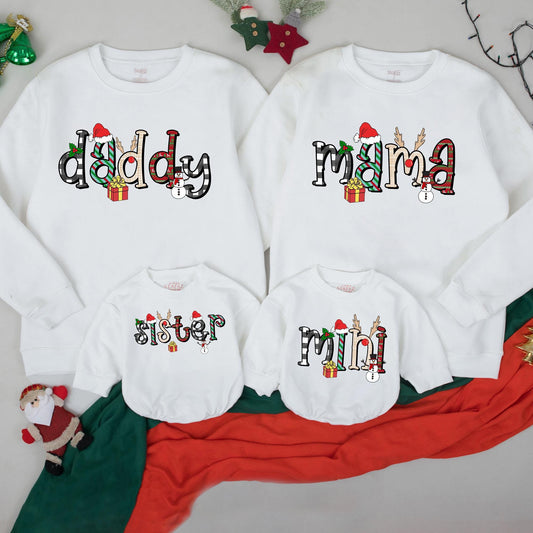 Retro Mama Mini Matching Christmas Sweatshirts Festive Holiday Family Outfit Plaid Stripes Knit Red Green Black White Santa Reindeer Holly Design