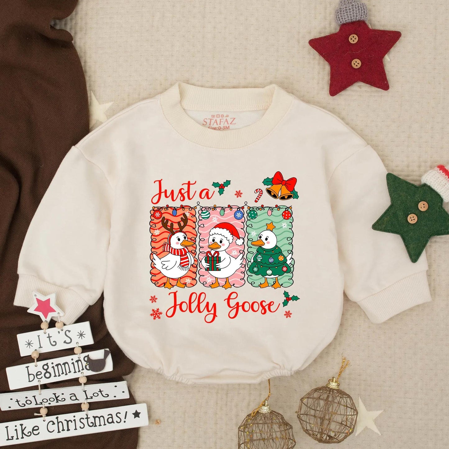 Just a Jolly Goose Christmas Bubble Romper Cute Cartoon Goose Holiday Baby Outfit Toddler First Christmas Clothes Infant Holiday Gift