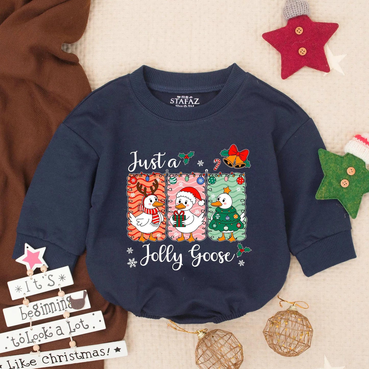 Just a Jolly Goose Christmas Bubble Romper Cute Cartoon Goose Holiday Baby Outfit Toddler First Christmas Clothes Infant Holiday Gift