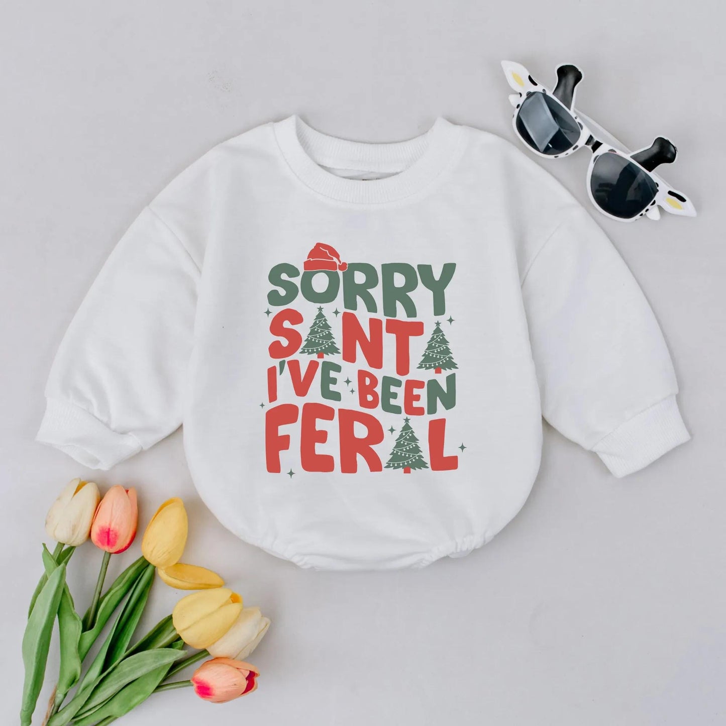 Feral Christmas Baby Bubble Romper, Sorry Santa Red & Green Holiday Outfit, Retro Xmas Baby Clothes, Cute Gift for Baby Girl or Boy