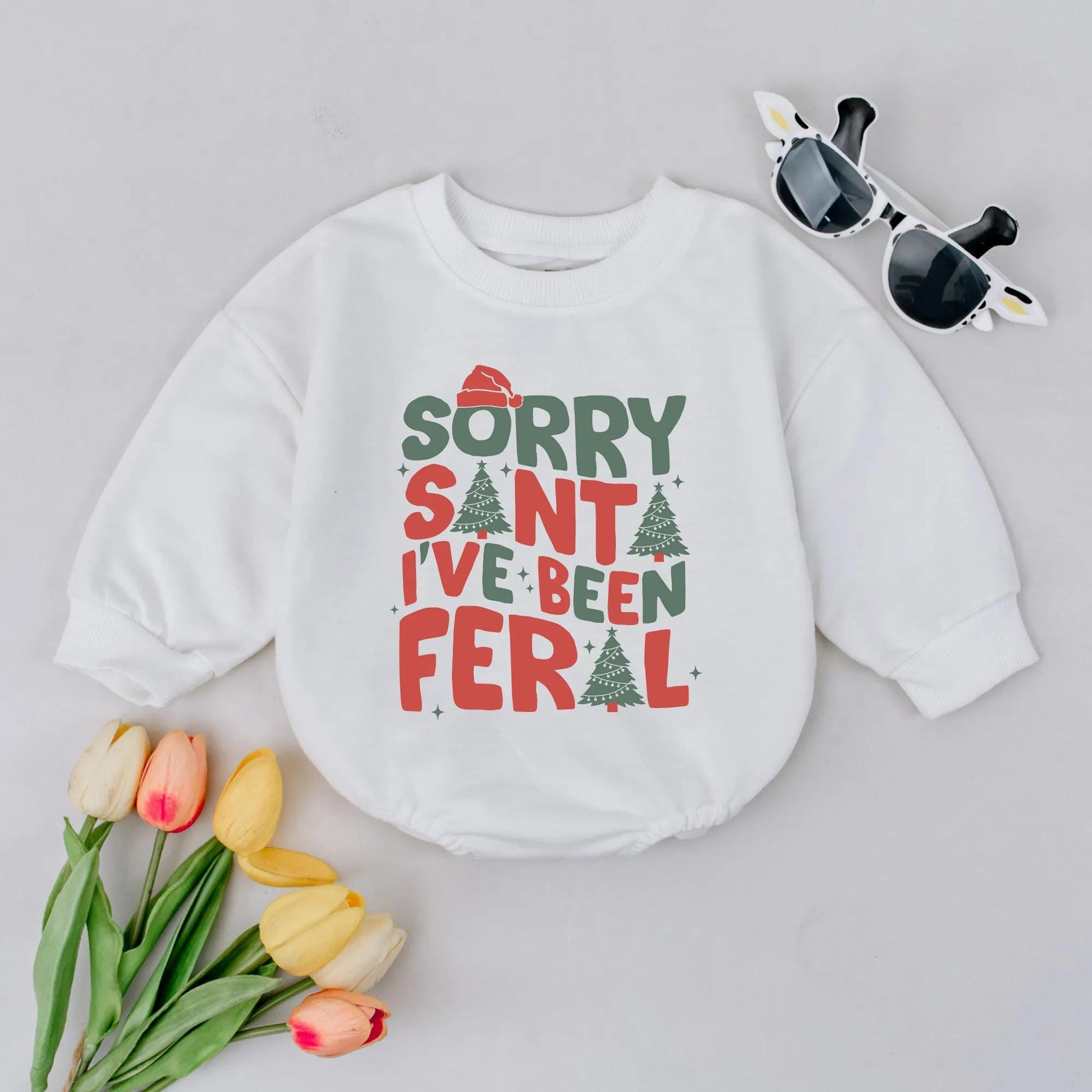 Feral Christmas Baby Bubble Romper, Sorry Santa Red & Green Holiday Outfit, Retro Xmas Baby Clothes, Cute Gift for Baby Girl or Boy