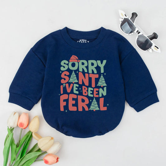 Feral Christmas Baby Bubble Romper, Sorry Santa Red & Green Holiday Outfit, Retro Xmas Baby Clothes, Cute Gift for Baby Girl or Boy