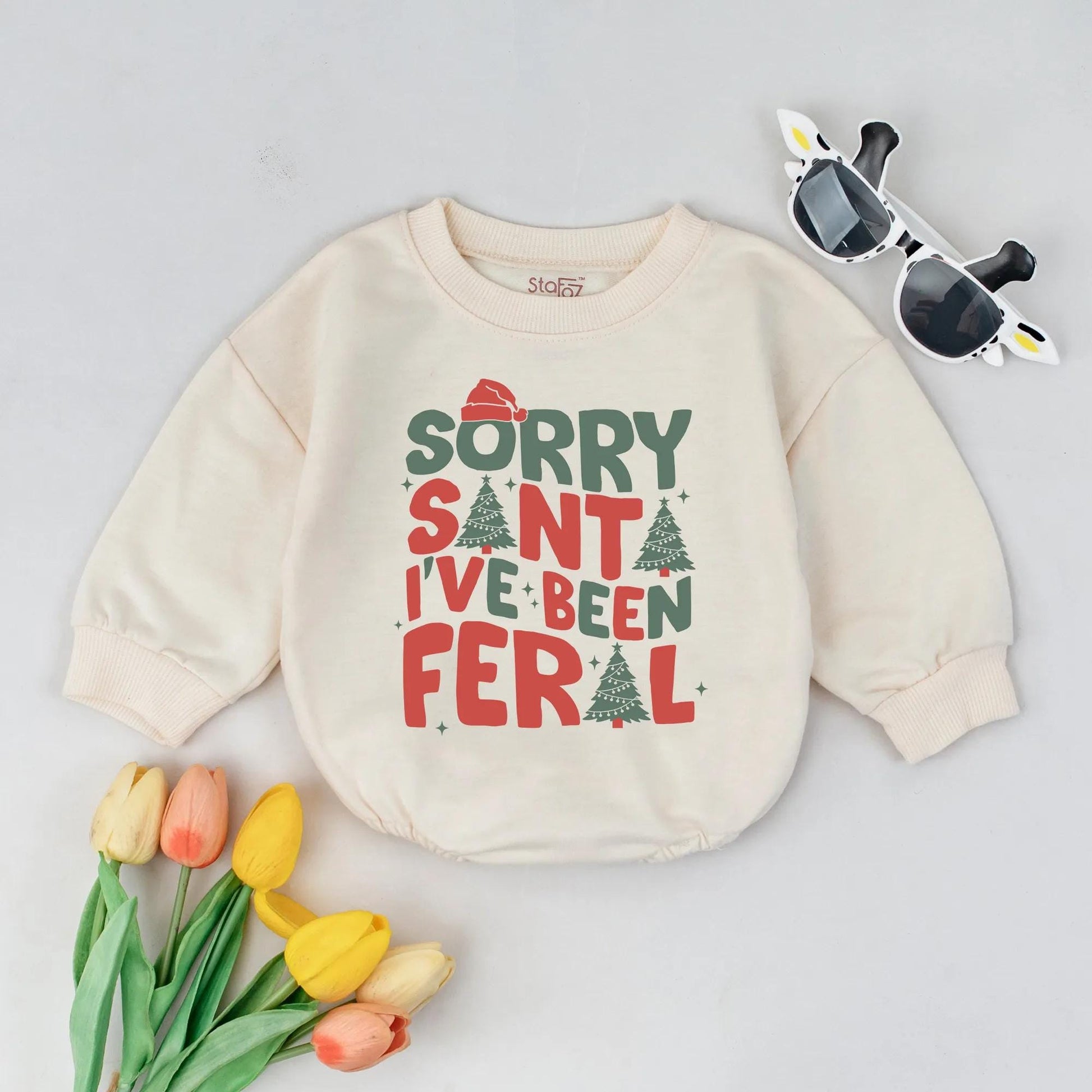 Feral Christmas Baby Bubble Romper, Sorry Santa Red & Green Holiday Outfit, Retro Xmas Baby Clothes, Cute Gift for Baby Girl or Boy