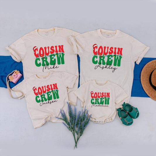 Personalized Cousin Crew Christmas Lights Shirt, Retro Holiday Family Matching Tees, Custom Name Xmas Outfit for Baby, Toddler, Kids, Red Green 138