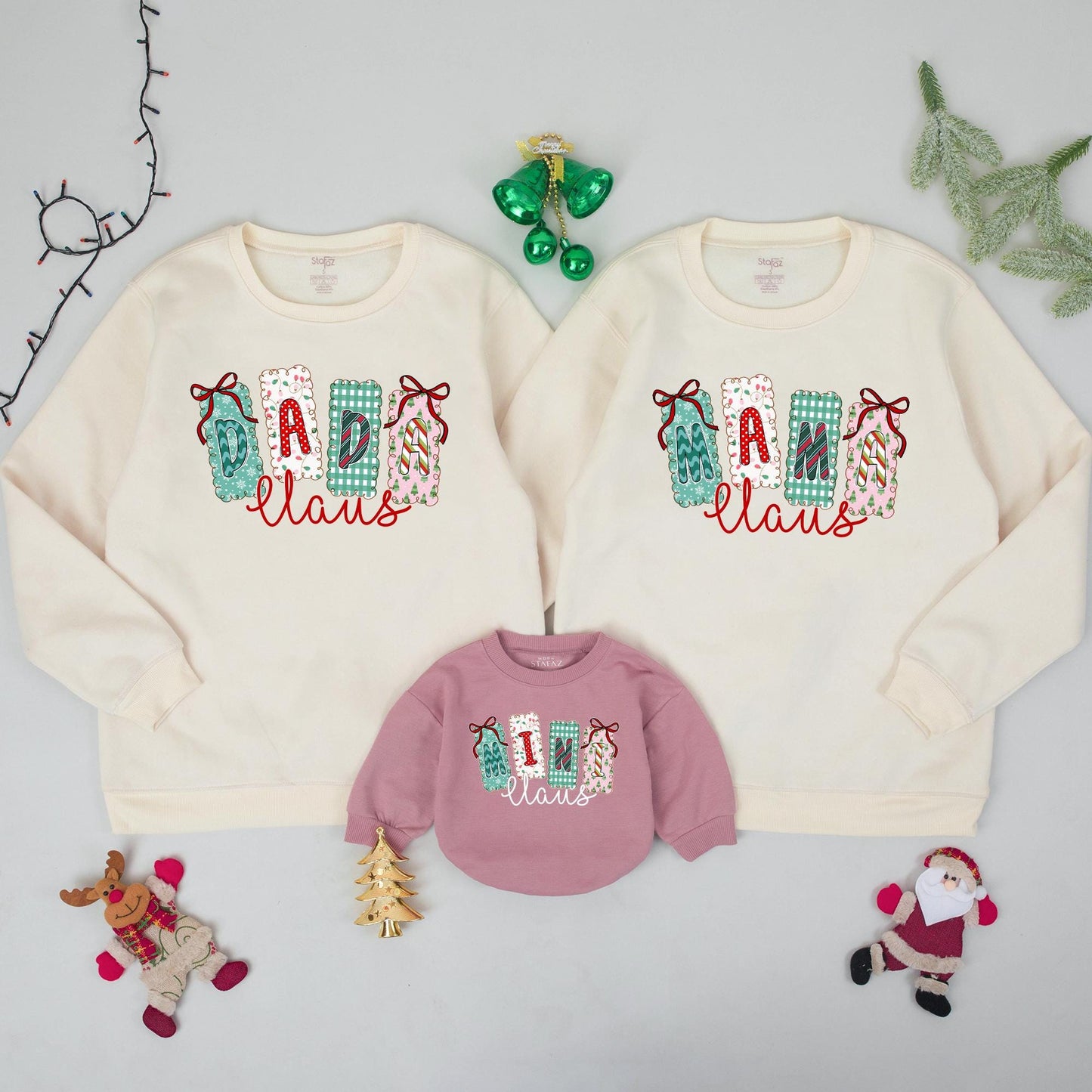 Mama Claus Christmas Sweatshirt with Festive Lettering Matching Family Sweaters & Mini Claus Option Whimsical Holiday Gift for Mom & Baby Xmas Outfit