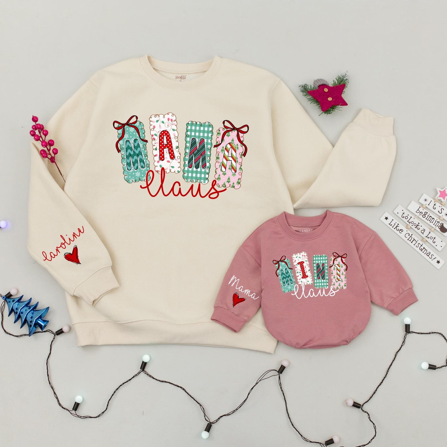 Mama Claus Christmas Sweatshirt with Festive Lettering Matching Family Sweaters & Mini Claus Option Whimsical Holiday Gift for Mom & Baby Xmas Outfit