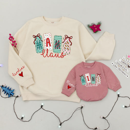 Mama Claus Christmas Sweatshirt with Festive Lettering Matching Family Sweaters & Mini Claus Option Whimsical Holiday Gift for Mom & Baby Xmas Outfit