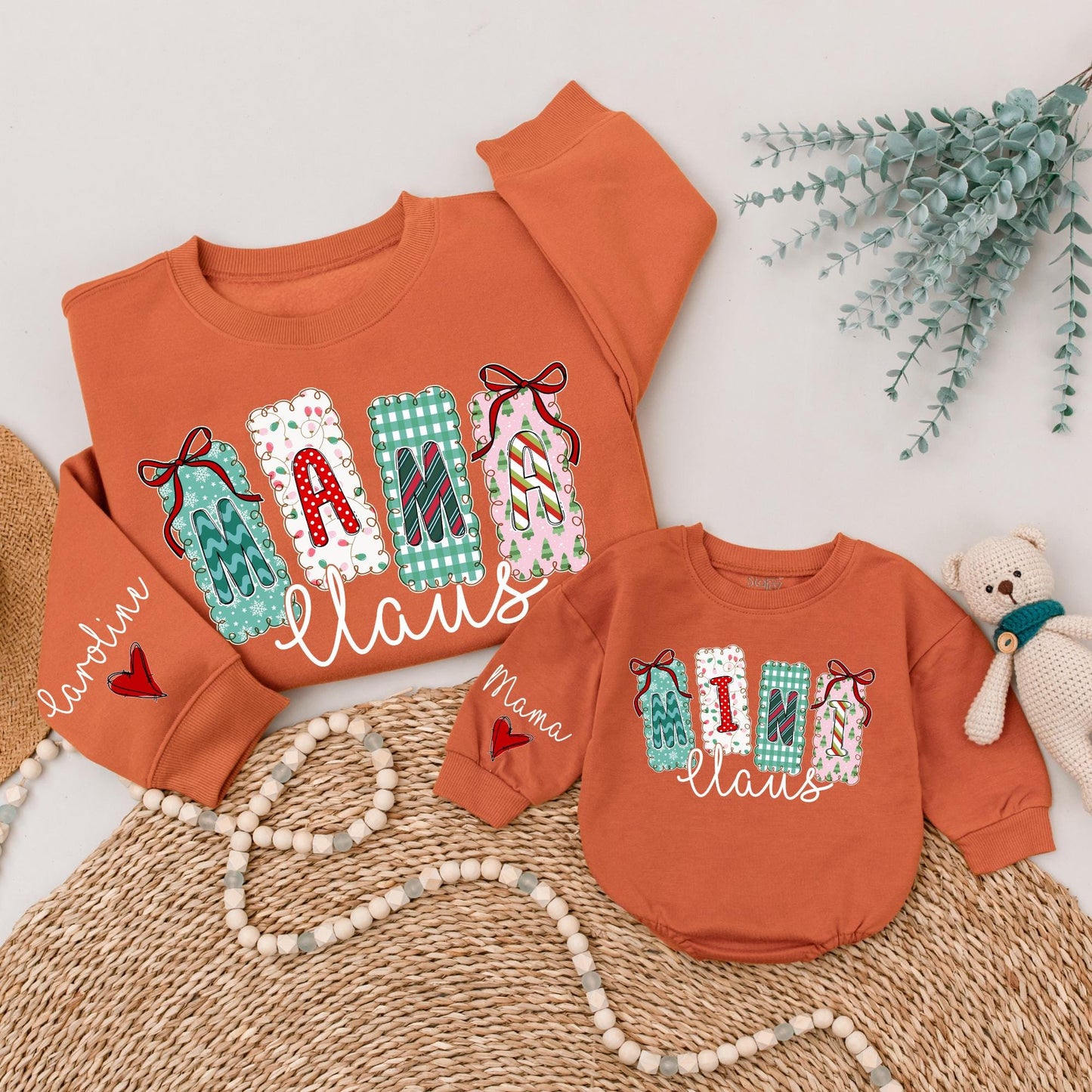 Mama Claus Christmas Sweatshirt with Festive Lettering Matching Family Sweaters & Mini Claus Option Whimsical Holiday Gift for Mom & Baby Xmas Outfit