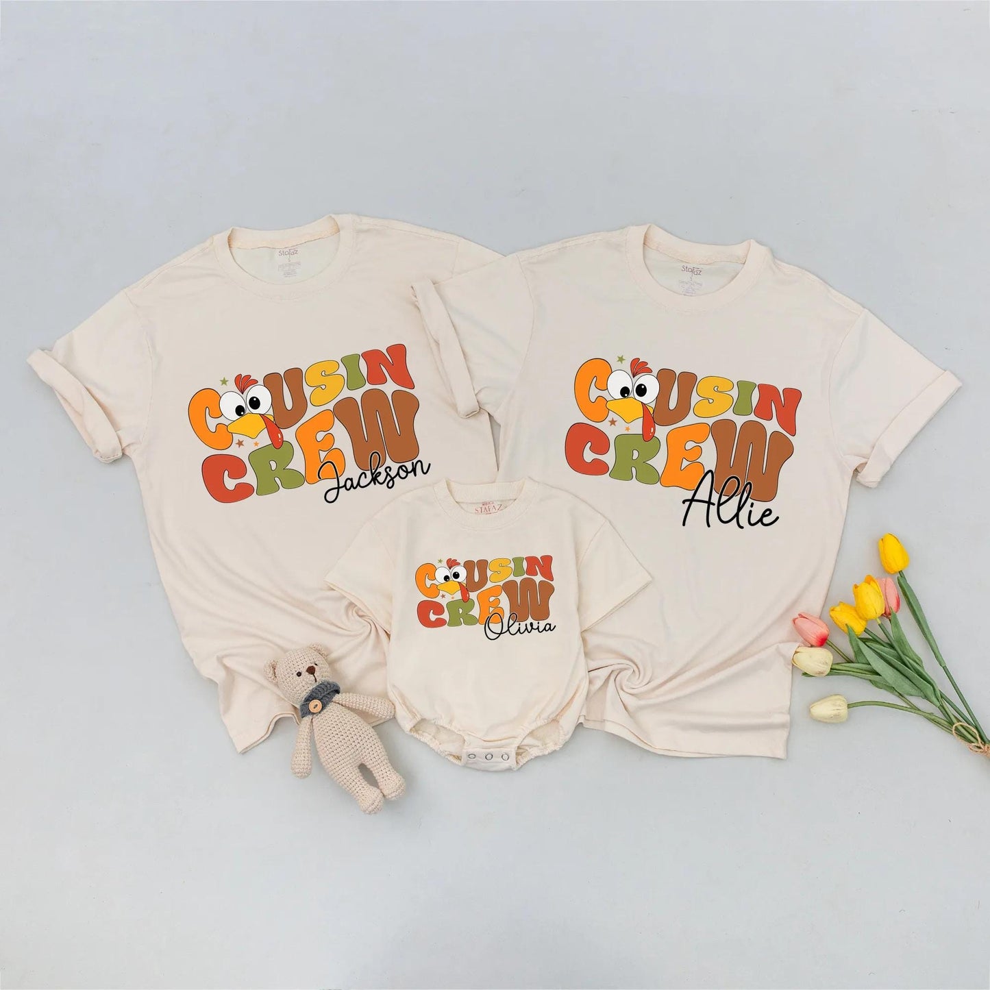 Personalized Cousin Crew Thanksgiving Matching Shirt with Names Retro Bubbly Turkey Design Star Accents Warm Palette Family Dinner Holiday Gift